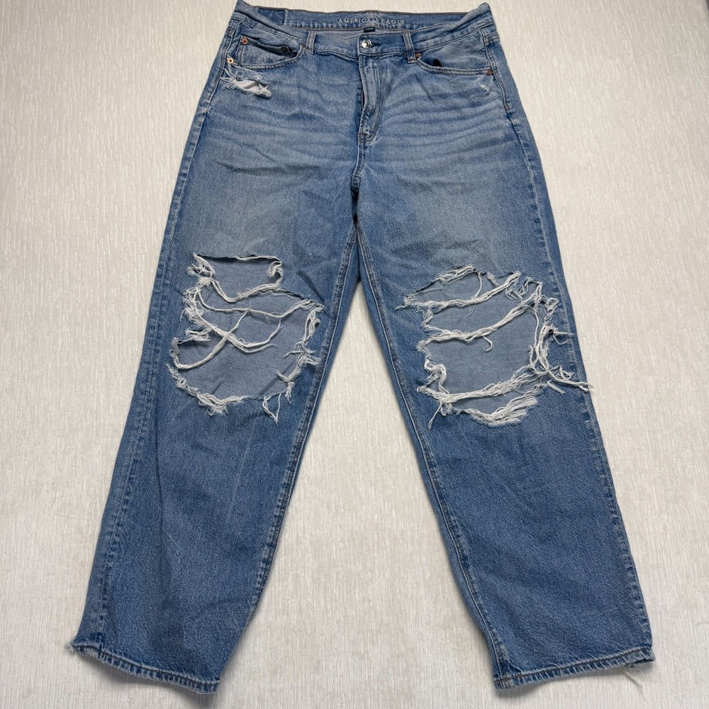 American Eagle Super High Rise Baggy Straight Jeans Womens 14 Blue Distressed